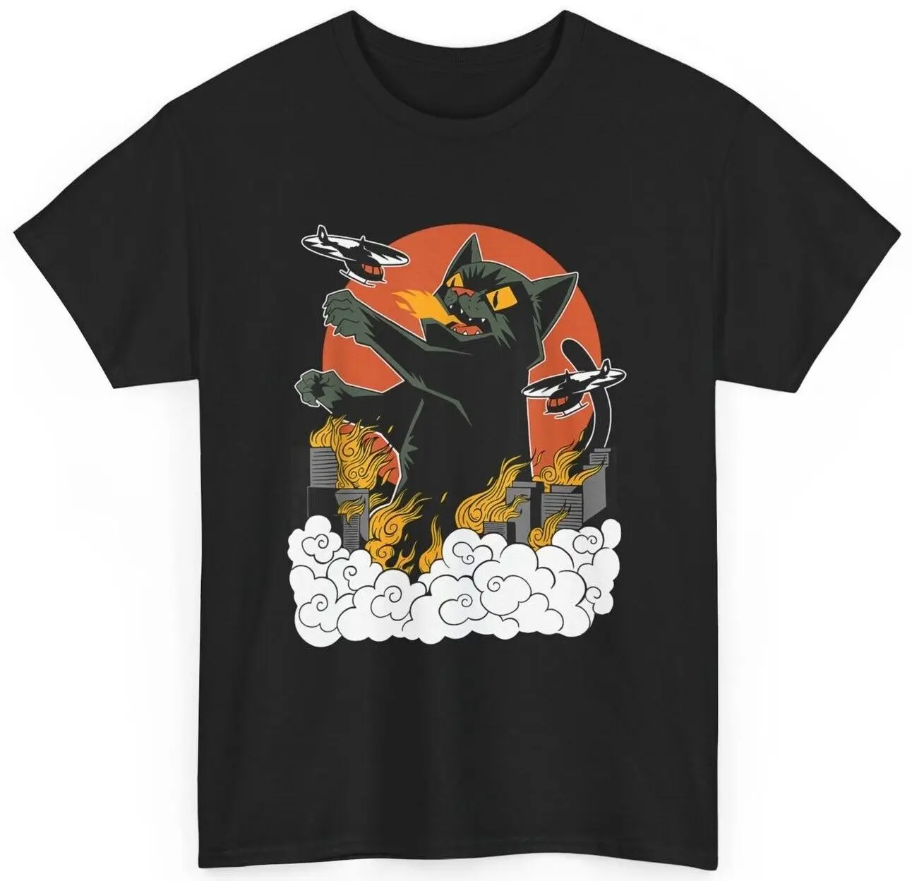 Black Japanese Catzilla Sunset T-Shirt