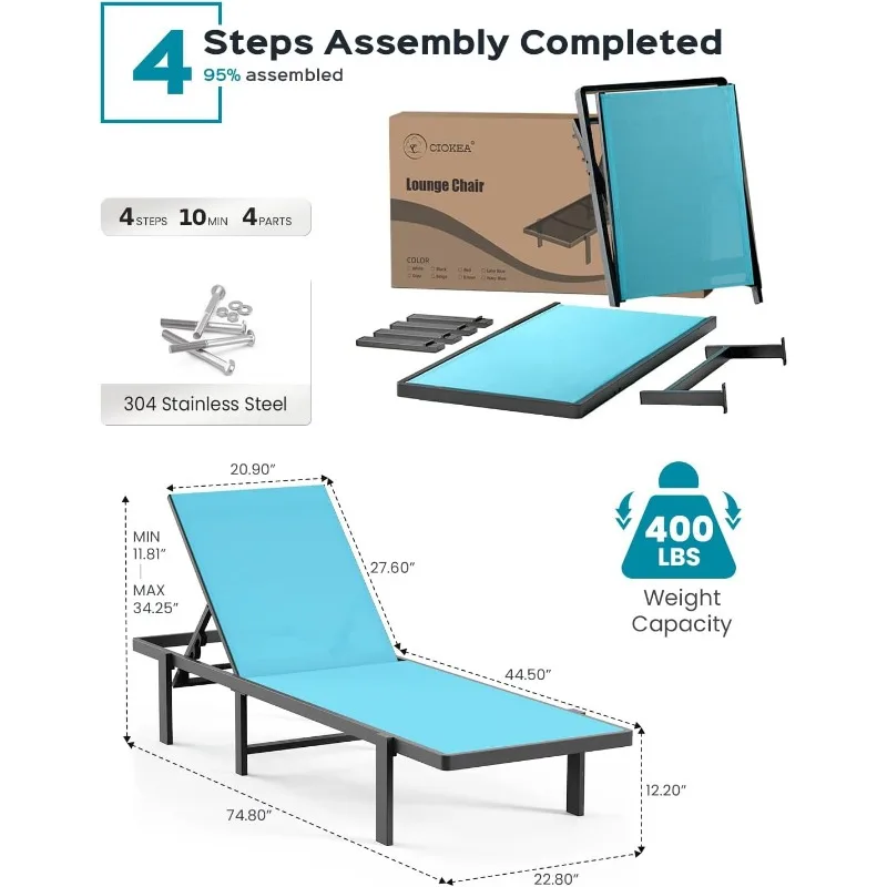 Patio Lounge Chair with Adjustable 5-Position Recliner and Full Flat Tanning Chair for Patio, Beach, Pool, Lake Blue