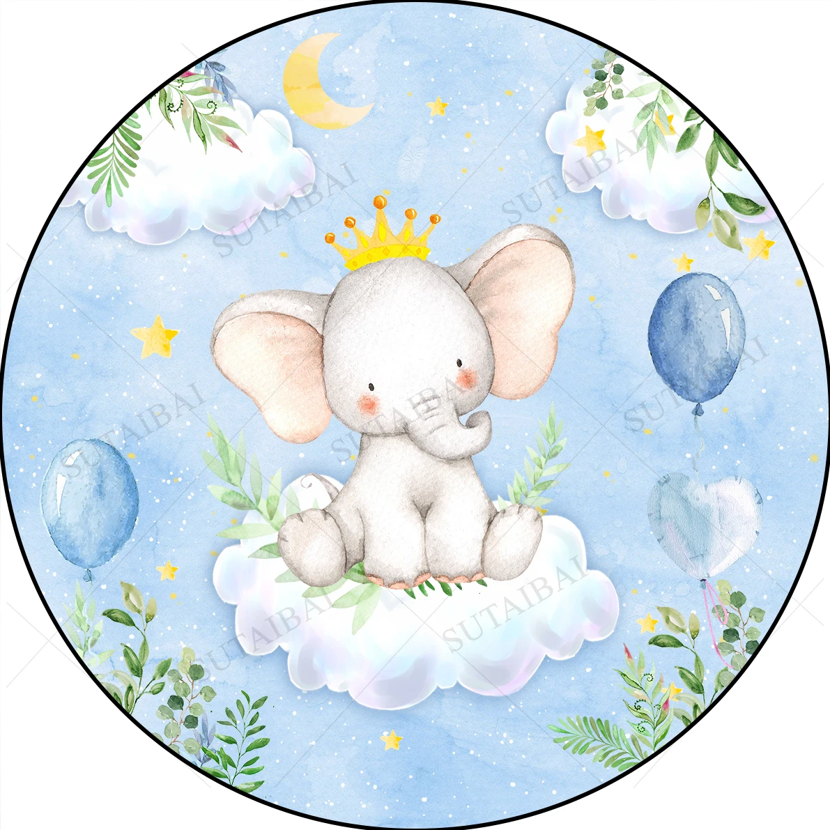 Cute Elephant Blue Theme Background of Photography Cloud Green Plant Balloons Deco Room Newborn Creative Photo Studio Photophone