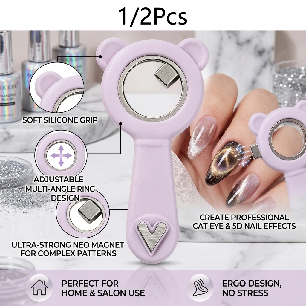 1/2Pcs 2-in-1 Hollow Cat Eye Nail Art Magnet Black Hole & Love Bear Silicone Ring Circular Magnetic for DIY Gel Manicure Tools