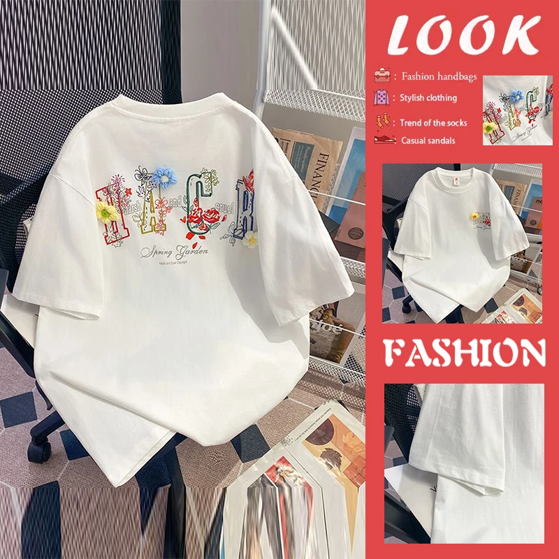  Letter Embroidery Short Sleeve T-Shirt Summer Loose Fit 3D Flower Printed Breathable Cotton Women's Fashion Top
