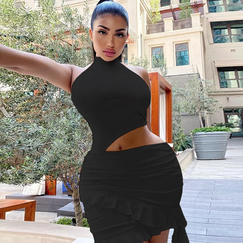 STYLISH LADY Ruffle Dress 2025 Summer Women Halter Backless Cut Out Bodycon Draped Sexy Club Party Black White Mini Dresses