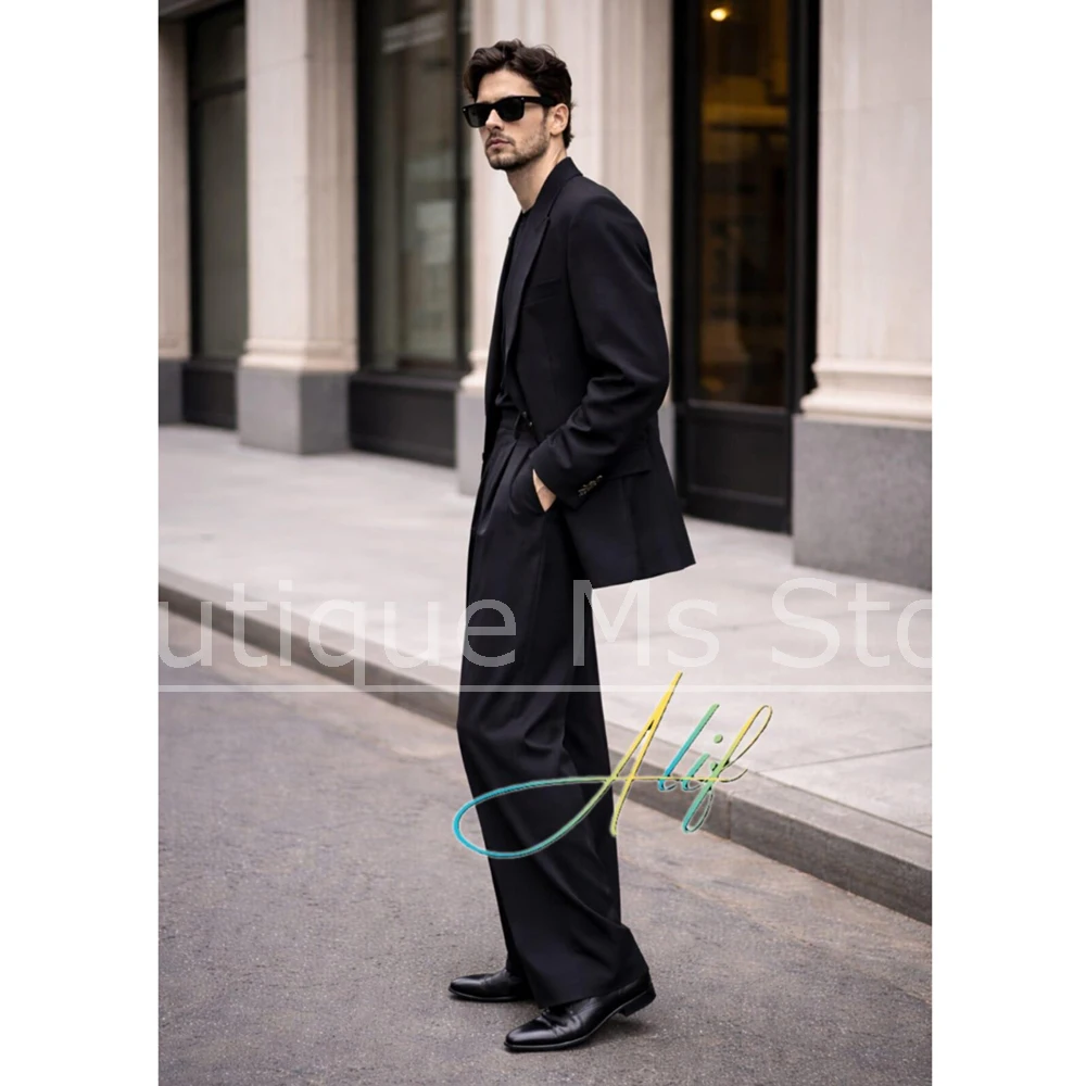 Chic Men's Black Suit Oversized Peak Lapel Double Breasted Outfit Casual Formal Business Wedding Party Prom Tuxedo 2 Piece