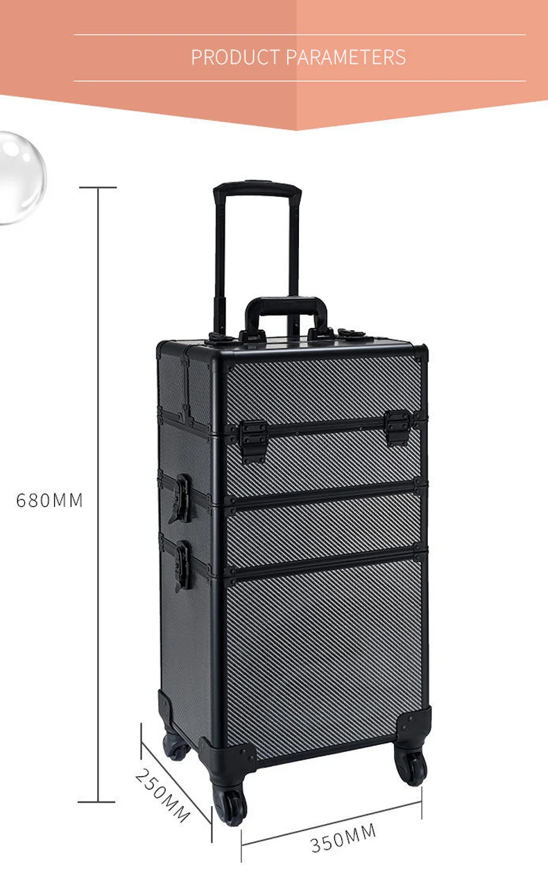 Expandable Cosmetic Trolley Case 4 Wheels Large Capacity Aluminum Train Case Nail Polish Organizer Makeup Storage Box
