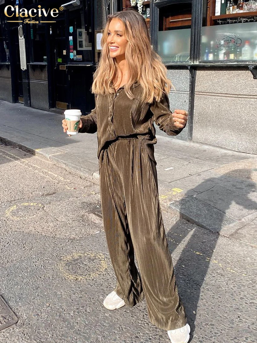 Clacive Casual Loose Shirts Pants Set Woman 2 Pieces Elegant Brown High Waist Pant Suits Fashion Pleated Home Wide Trouser Suits