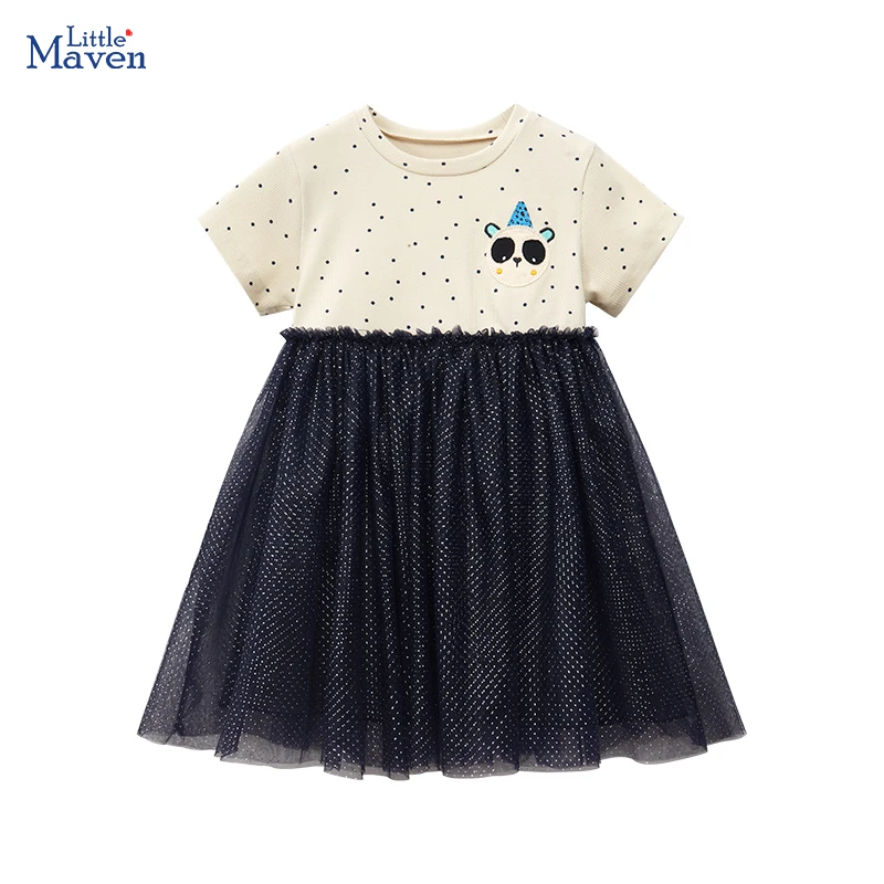 Little maven 2024 Korean New Clothing for Kid Baby Girls Summer Cotton Children Casual Clothes Cartoon Panda Kids Mesh Dresses