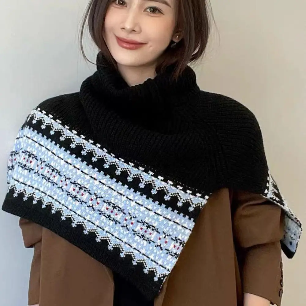 

Retro Pullover Fair Isle Style Knitted Shawl Warm Irregular Neck Wraps Thicken Korean Style Jacquard Scarf Scarf Accessories