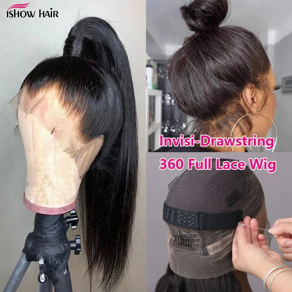 

Ishow Invisi Strap 360 Full Lace Front Straight Wigs Glueless Drawstring Human Hair Wigs Bleach Knots 30 Inch Wigs For Women