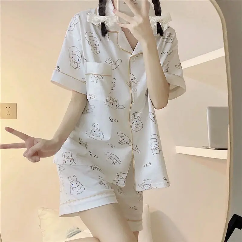 

Sanrio Cinnamoroll Pajamas Set for Women Short Sleeve Shorts Sleepwear Kawaii Cartoon Summer Pyjamas Home Clothes ﻿nightgown New