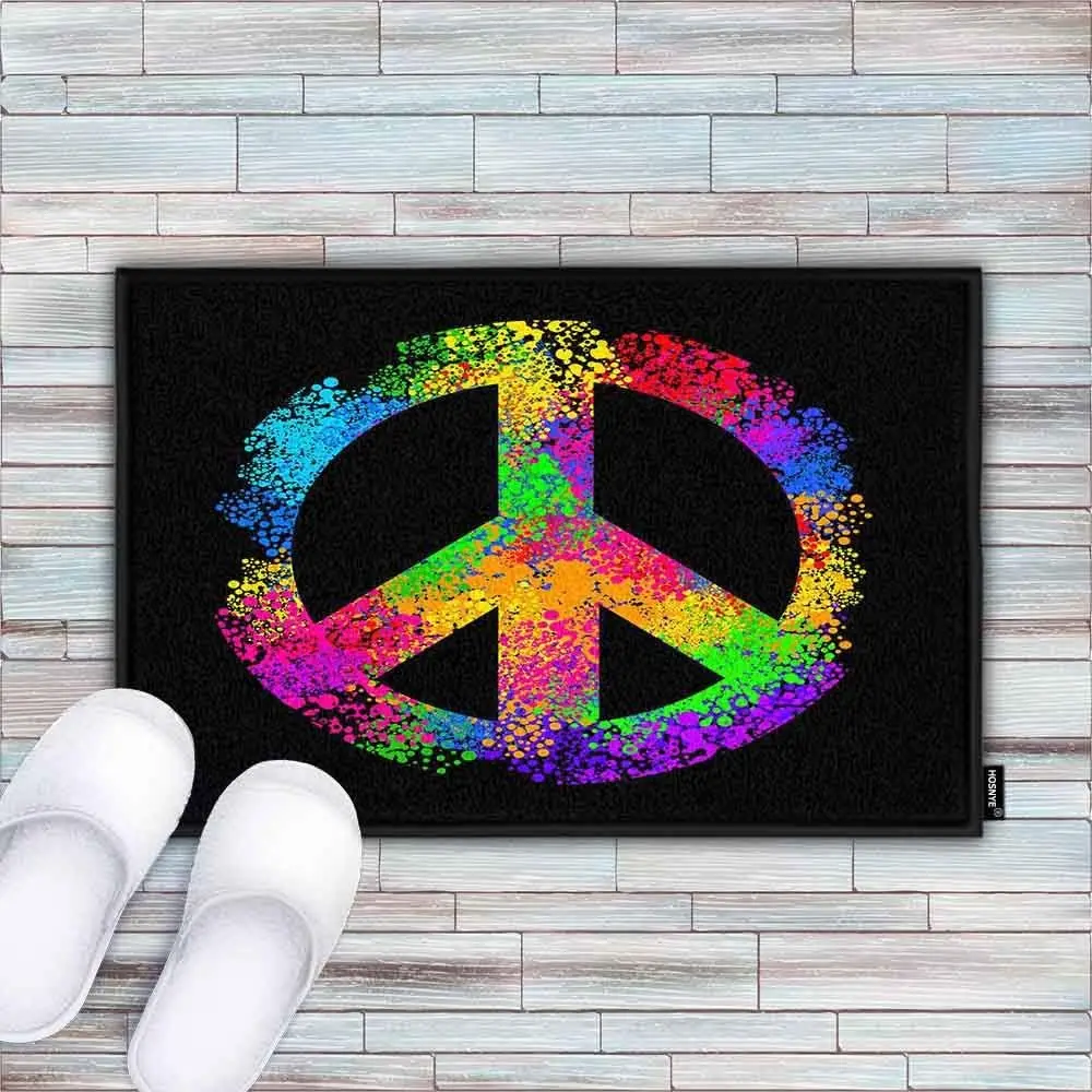 Colorful Peace Sign Door Mat, Rainbow Splash Symbol Floor Mat, Non-slip Entrance Rug, Hippie Retro Home Decor for Living Room