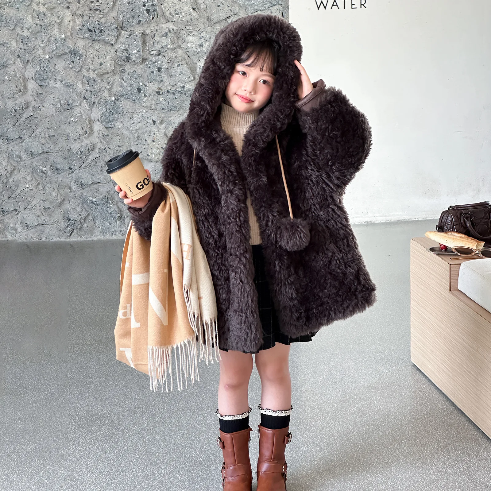 Children Girls Winter Woolen Coat UNITIM 5-14Yrs Girls Faux Fur Hooded Overcoat Faux Lamb Fur Thicken Warm Junior Girl Outerwear