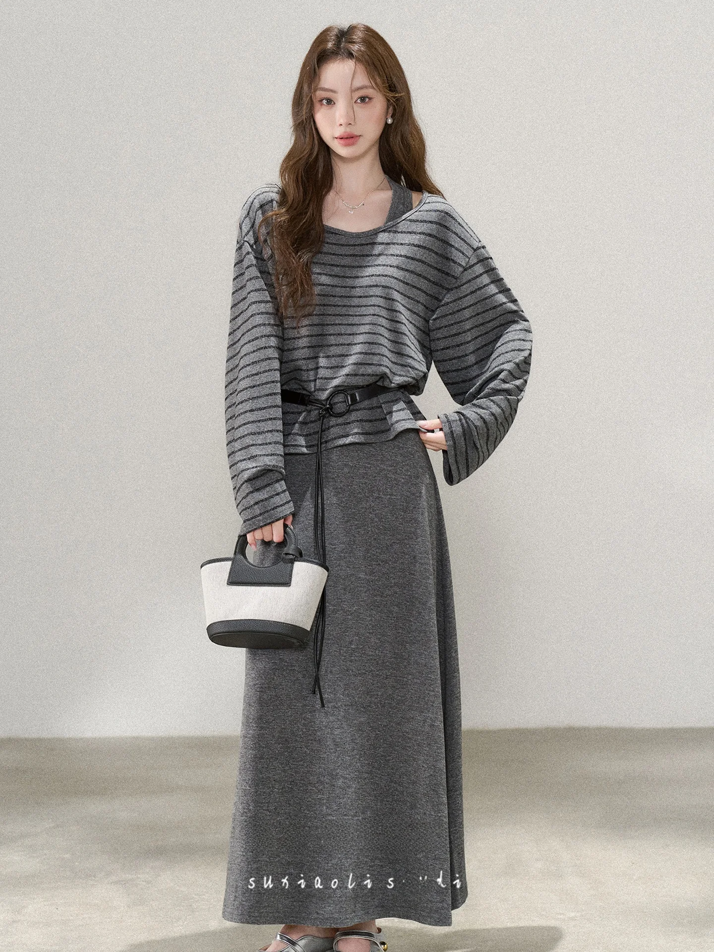 

Spring New Sle Women's ey Striped Waist-Cinching Long Sve Vest Dr Two-Piece Set Casual Faion Korean Sle