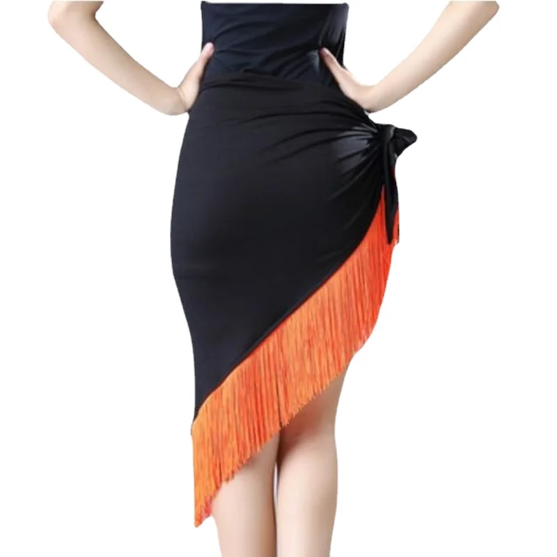 Latin Dance Skirt Lady Fringed Triangle Latin Dress Sexy Adult Wrap Skirt Spandex Latin Dance Dress Women\'s Black Practice Skirt