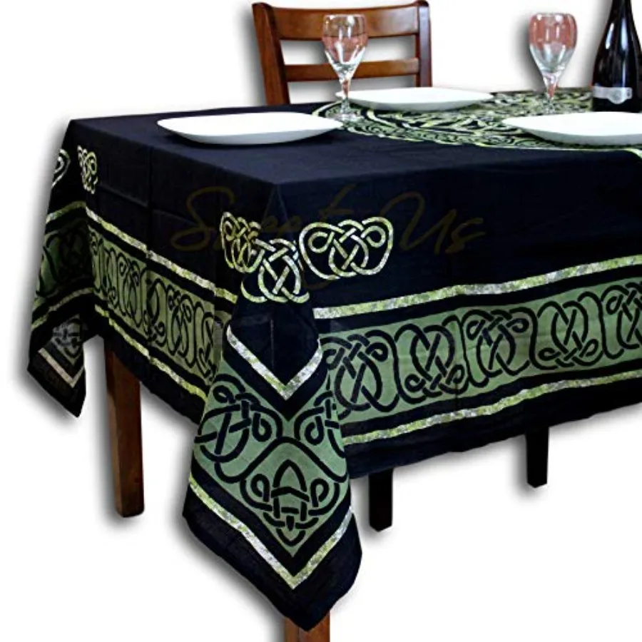 

Celtic Circular Knot Print Cotton Tablecloth Rectangle 70x104 inches Black Green