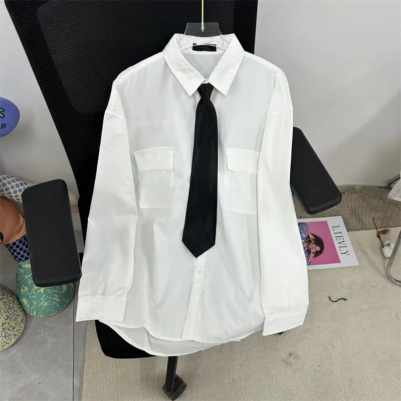 

EBAIHUI Men's White Shirts with Tie Set Preppy Uniform DK Loose Short Sleeve Shirt Couple Loose Basic Long Shirts Asian Size