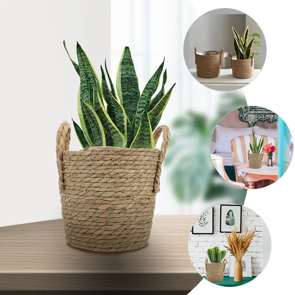 Straw Woven Flower Basket with Handle – Multi-Purpose Decorative Planter for Small Plants, Home & Garden