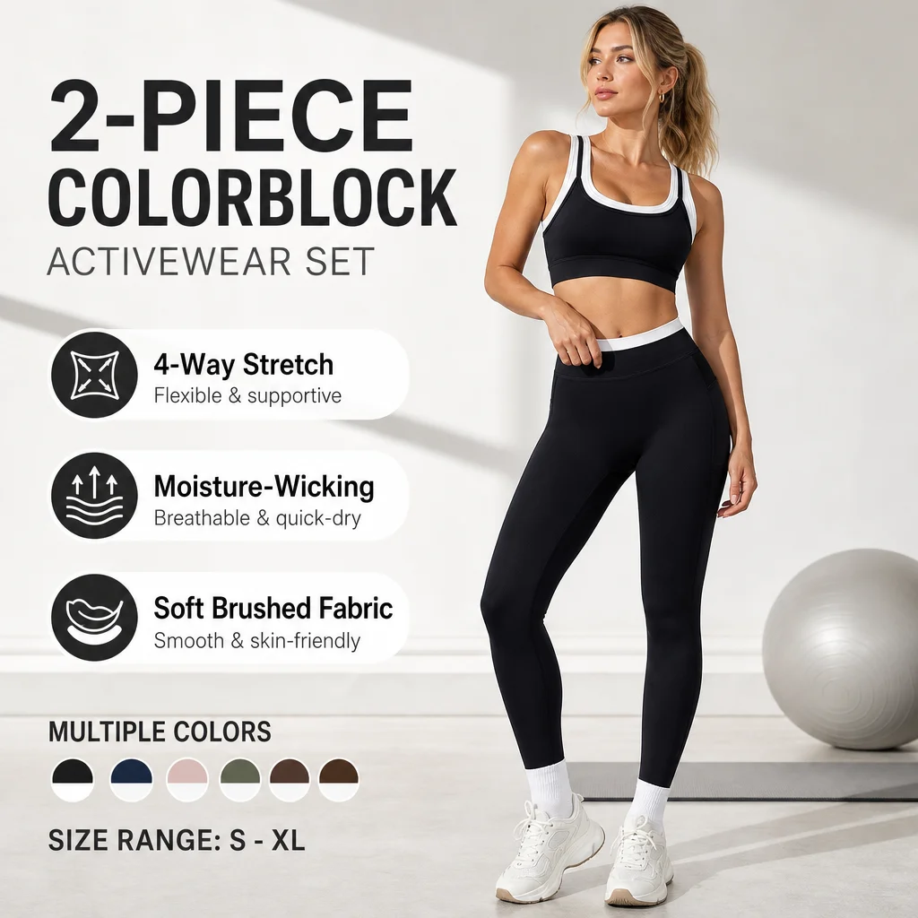 Women's 2-Piece Colorblock Sports Bra & High Waist Yoga Leggings Set Wide Strap U-Neck Gym Workout Activewear Outfit S-XL