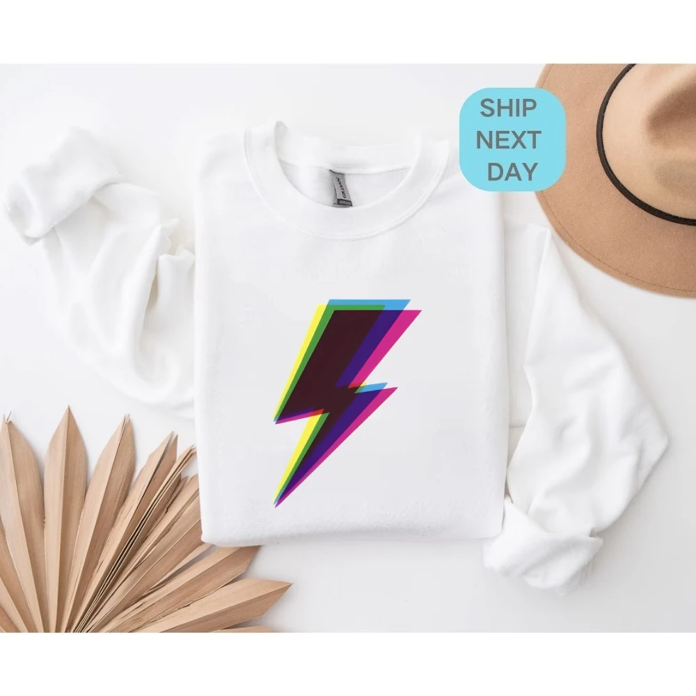 Buntes Lightning Bolt-Sweatshirt, kräftiger, lebendiger Druck, edgy, trendig, lässig, locker, langärmelig, Streetwear, unverzichtbares, bequemes Oberteil