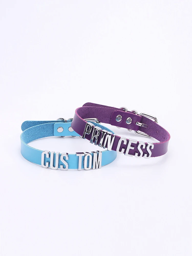 Dostosowane panie mężczyźni ręcznie robione niestandardowe Pu skórzany kołnierz z literami Punk Harajuku osobiste metalowe imię Chocker naszyjnik Cosplay