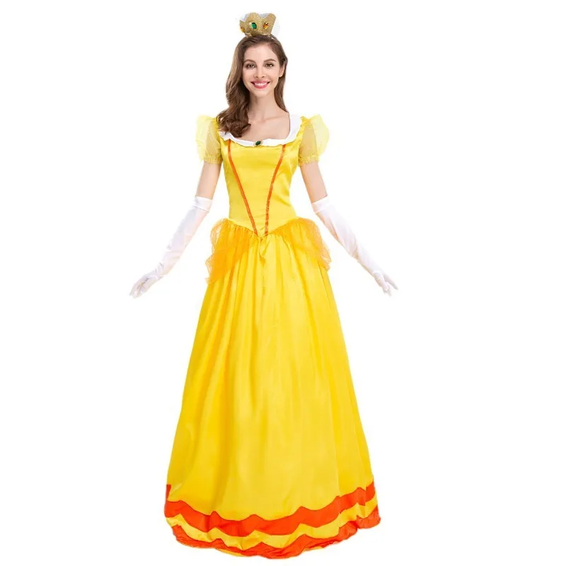 Super Marios Bros Daisy Princess Summer Dress for Women Adult Cosplay Costume Carnival Party Lady Dresses with Glove Crown Suit