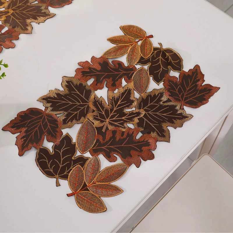 1pc Autumn Maple Leaf Embroidered Table Runner, Flocked Brown Maple Design, Rustic Farmhouse Thanksgiving Harves