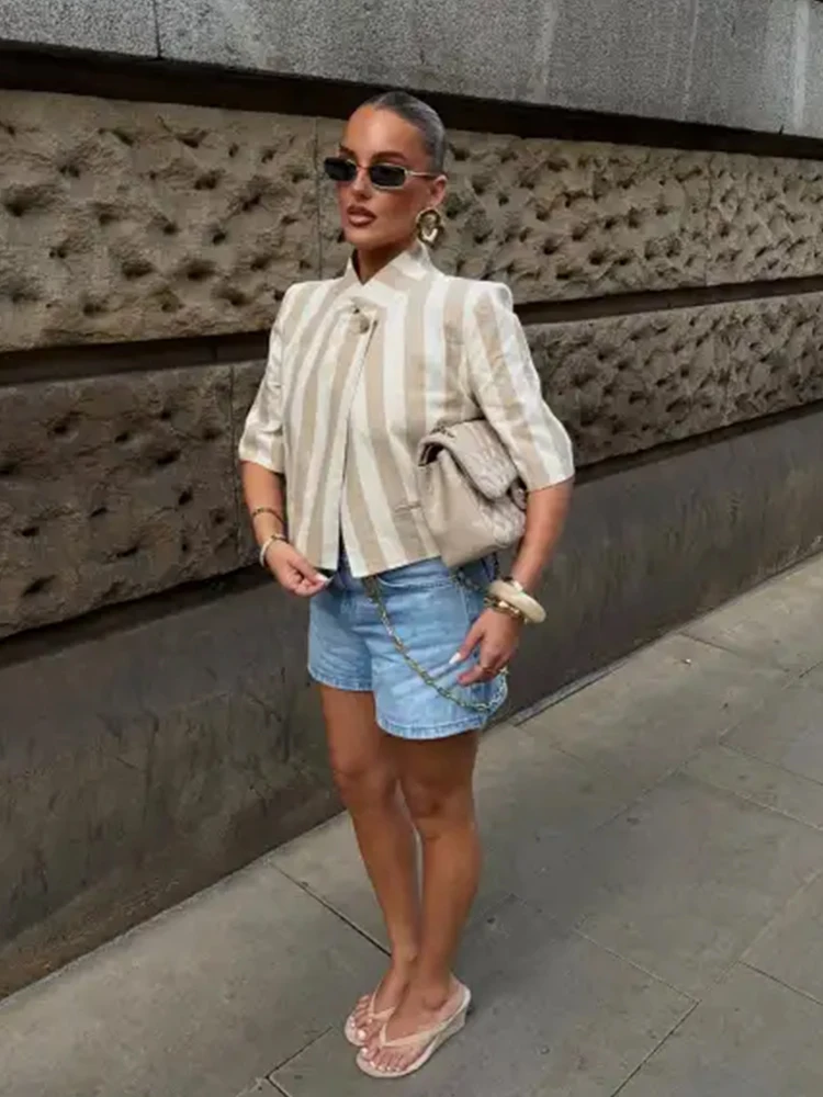 HH Women's Summer Minimalist tripe Cropped Blazer Jacket Mandarin Stand Collar Single Button Short Coat For Office Resort Casual