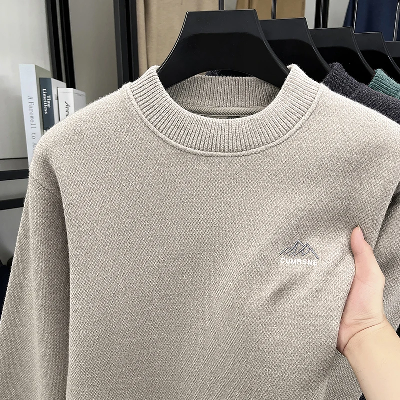 High Quality Men's Knitted Sweater New Arrival O-Neck Plush Thicken Soft Geometric Embroid Pullover Winter Versatile Menswear