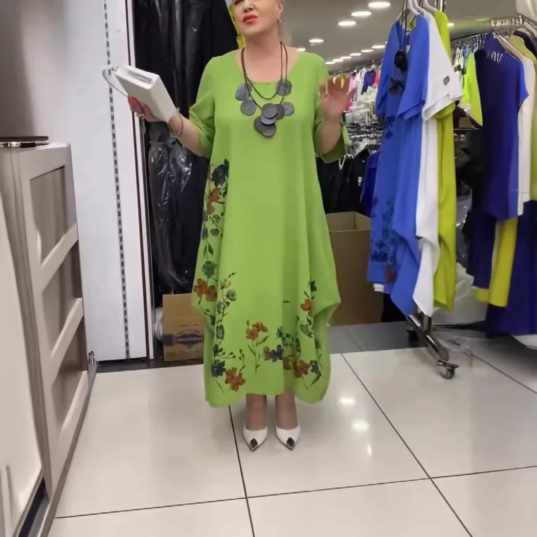 

Women Dresses Print Long Dress Three Quarter Sleeve O Neck Summer 2025 Loose Fit Slight Strech High Street Ankle Length