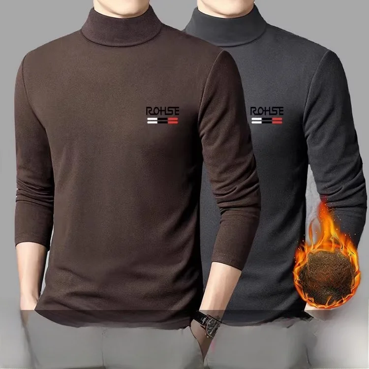 Warm Fleece Lined Men's Thermal Underwear Long Sleeve Half High Collar T-Shirt Comfortable Breathable Casual Style Printed Tees