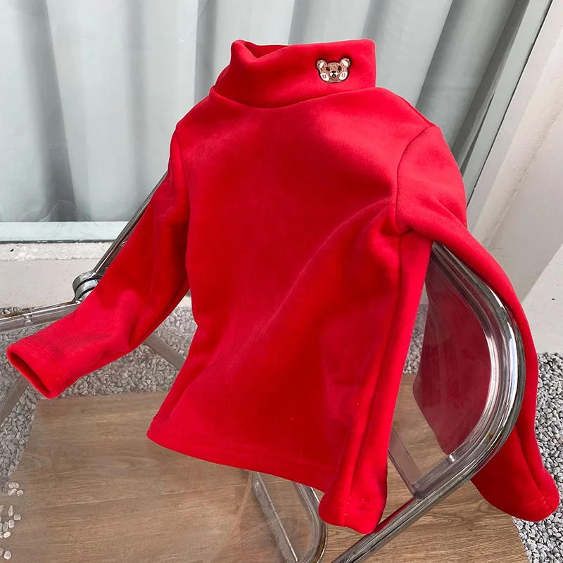 Baby Girls Top Autumn Winter Kids Warm Sweater Children Half Collar Bear Embroidery Bottom Shirt 3-12 Years Casual Clothing