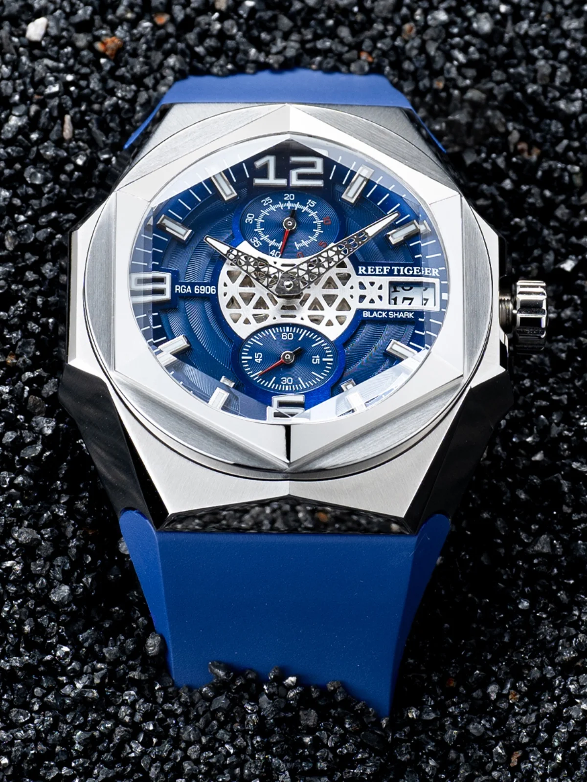 Reloj Automático Reef Tiger para hombre, reloj de pulsera mecánico de lujo de 43mm, zafiro luminoso, bisel Hexagonal, correa de goma Rejos RGA6908
