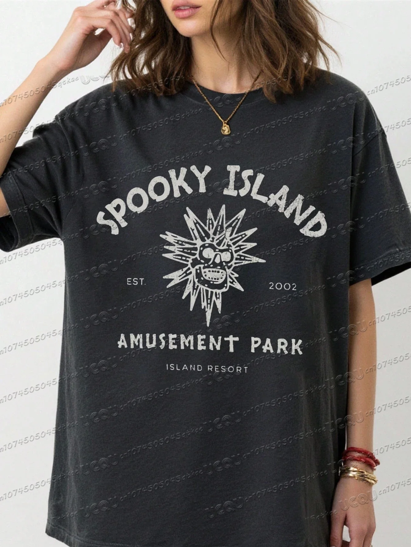 تي شيرت قطني مطبوع عليه رسوم كرتونية على شكل جزيرة مخيفة تي شيرت صيفي للسيدات على الموضة بأكمام قصيرة وفضفاض ومريح