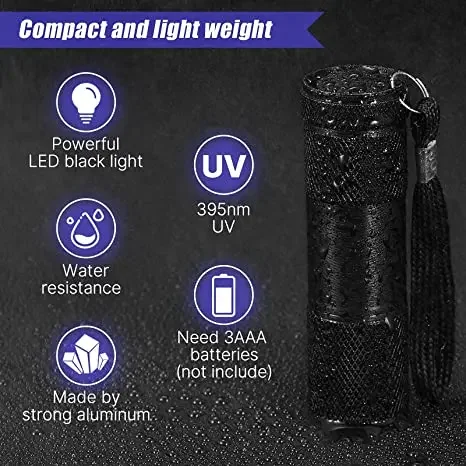 Mini lampe de poche UV Blacklight 9LED, lumière noire, détecteur d\'urine pour animaux de compagnie, chien, chat, sec, SAF, punaise de lit, 395nm