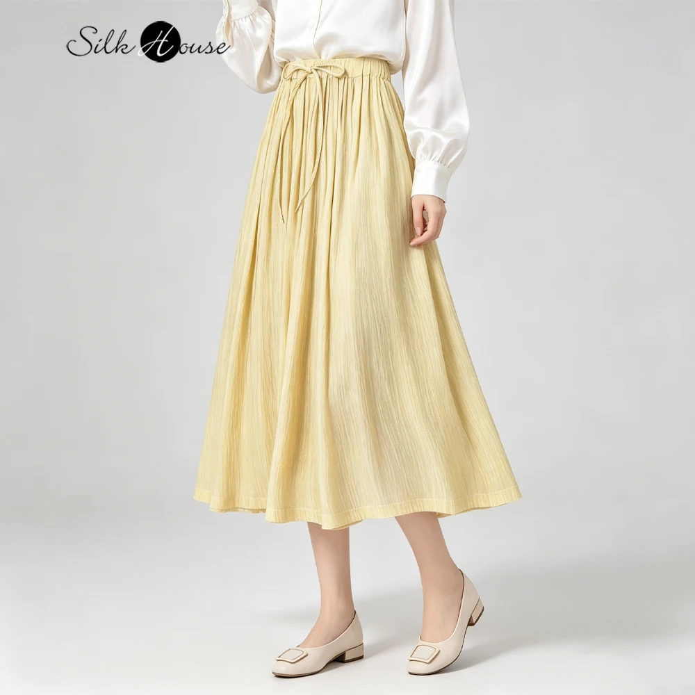 

Women's Casual Summer Clothing 2.2m Large Swing Artistic Texture Yellow 100% Natural Mulberry Silk Elastic Waist Flowing Skirt