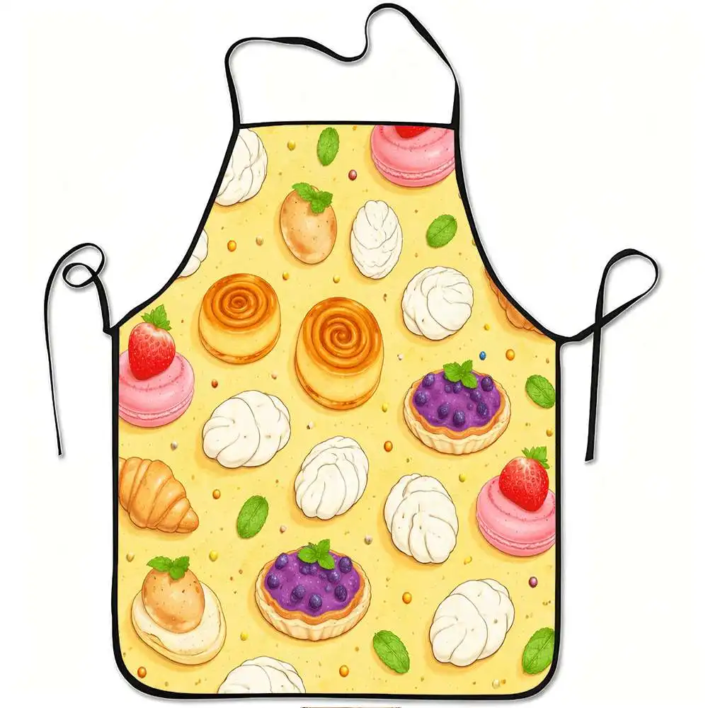 Cute Dessert Pattern Apron, Hand Drawn Pastry and Berry Graphic Cooking Bib, Sweet Kitchen Decor, Gift for Baking Lovers