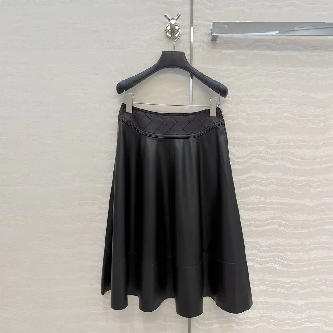 

Retro Black Luxury 100% Sheepskin Leather Long Skirts Womens High Waist Argyle Embroidery A-line Loose Elegant Skirt