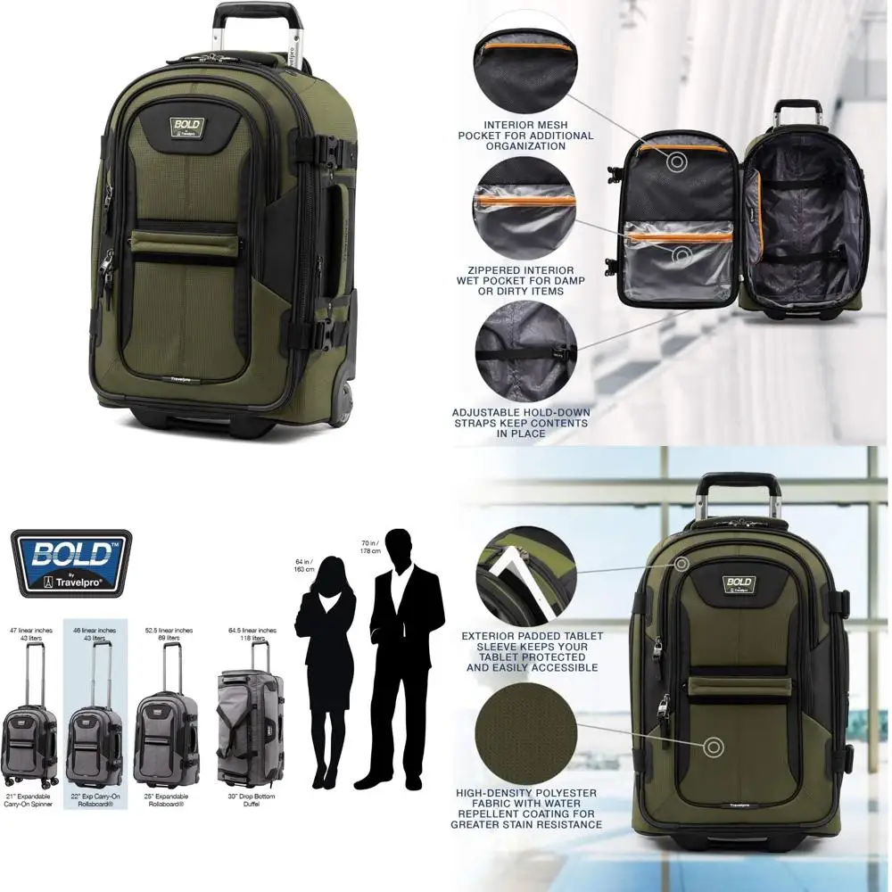 Equipaje enrollable extensible de 22 pulgadas, color verde oliva/negro, Softside Rollaboard para viajes de mano