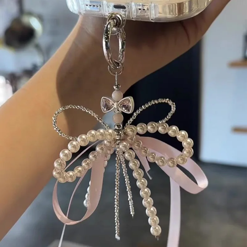 

Pearl Bow Keychain Handmade Y2k Women Fashion Accessories Bag Pendant Ribbon Beaded Key Chain Decoration For Bags Phones Korean