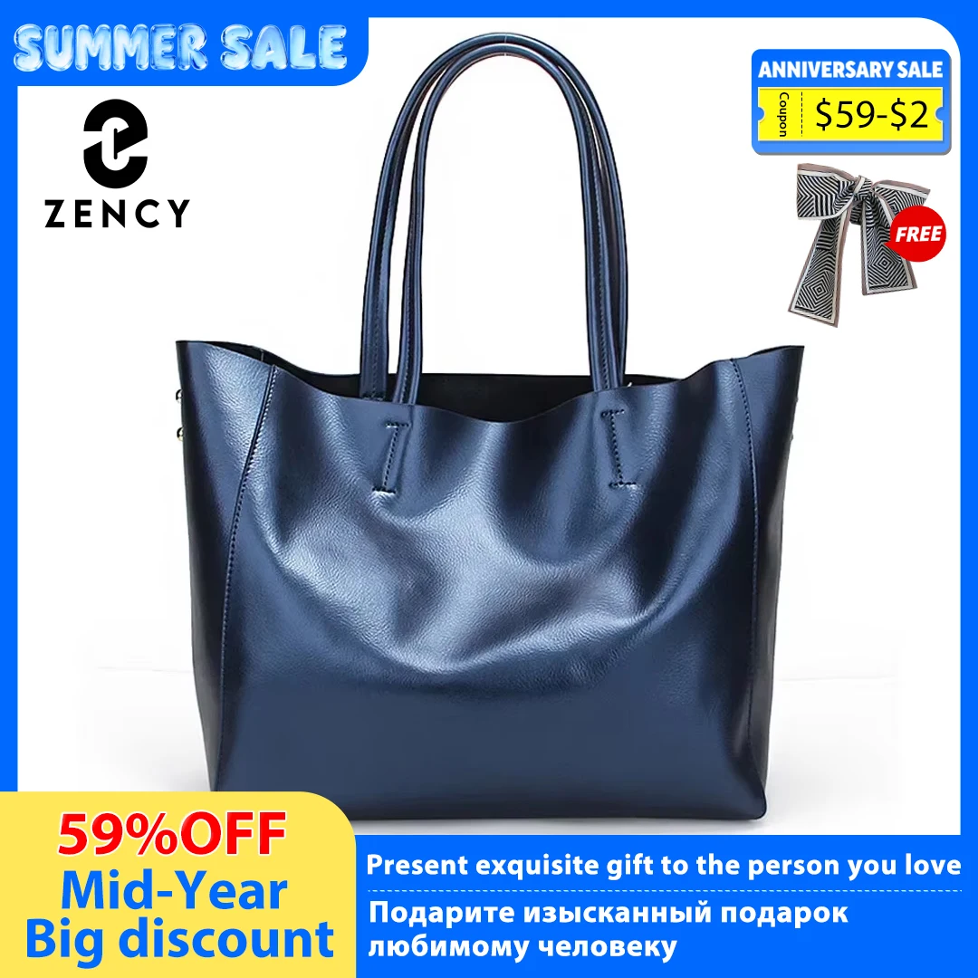Zency Luxury Gold Women Shoulder Bag 100% Genuine Leather Large Capacity Handbag Elegant Ladies Messenger Crossbody Fashion Blue