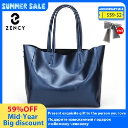 Zency Luxury Gold Women Shoulder Bag 100% Genuine Leather Large Capacity Handbag Elegant Ladies Messenger Crossbody Fashion Blue