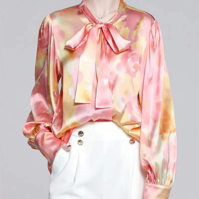 High Quality |Floral Satin Ribbon Silk Lantern Sleeve Shirt Sense Top Female