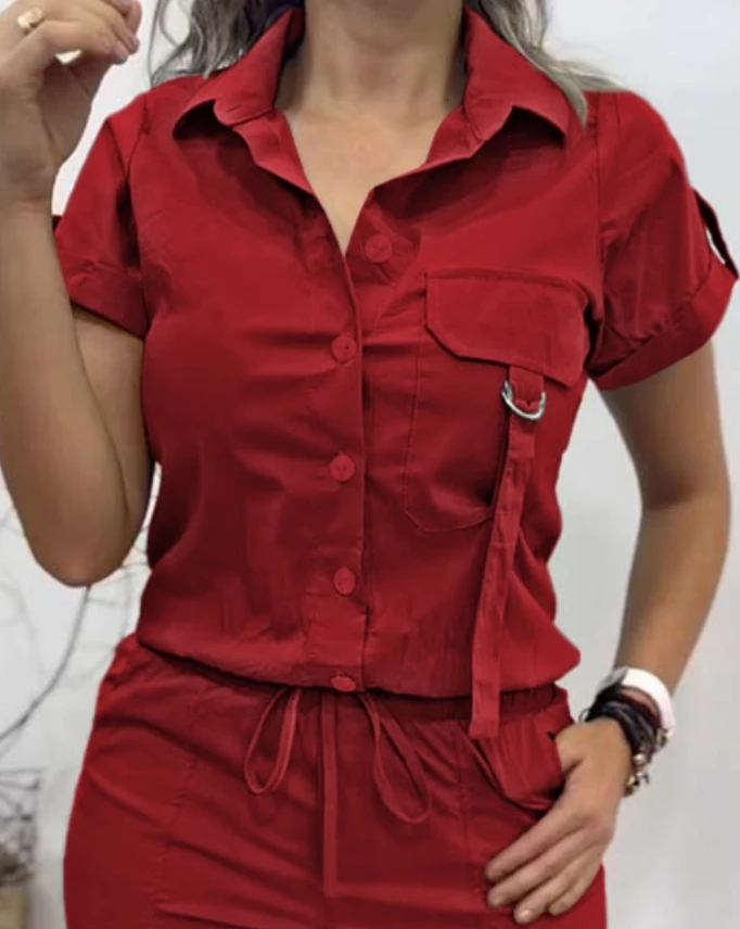 Solid Color Temperament, Fashionable and Casual Ribbed Lapel Workwear Short Sleeved Button Top and Drawstring Tight Leggings Set