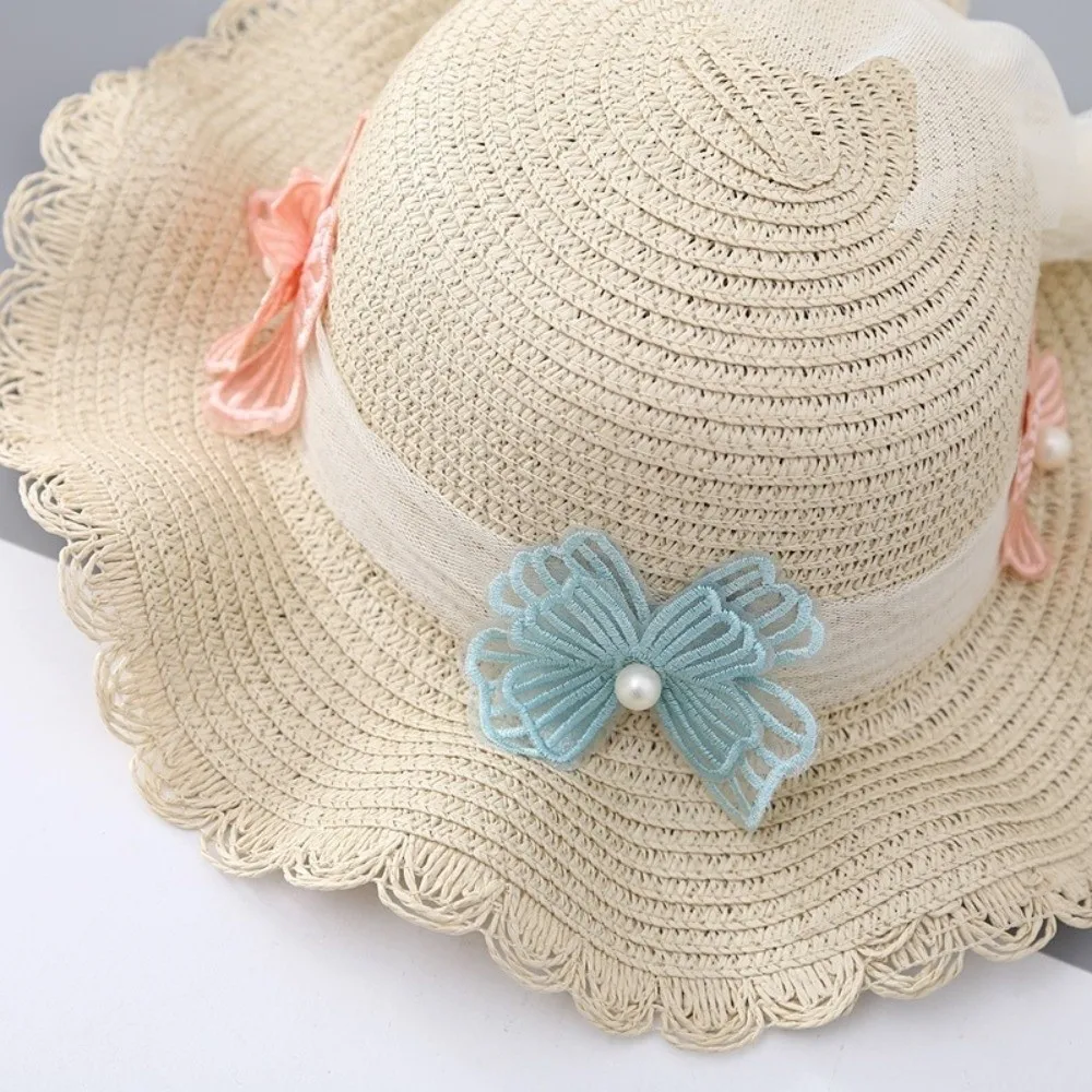 

Fashion Pearl Bow Style Children Beach Straw Hat Lace Wide Brim Sun Hat Sun Protection Solid Color Straw Bag Cap Set Summer