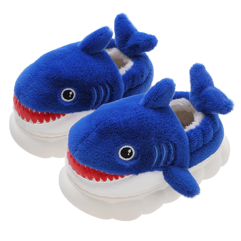 Cartoon Shark Baumwolle Hausschuhe für Jungen Herbst Winter Dicke Sohle Indoor Hause Fuzzy kinder Schuhe 2024 Neue Stil – Detail 3