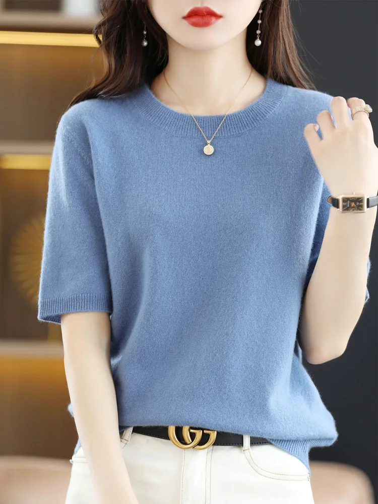 New Fashion Women Summer T-shirt Merino Wool O-neck Short Sleeve Pullover Cashmere Sweater Basic Soft Comfy Clothing Korean Tops