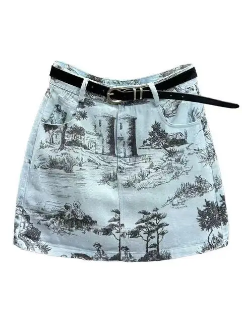 

2024 Summer New Blue Printed Denim Skirt Women's High Waist Slim A-line Wrapped Hip Short Skirt Women