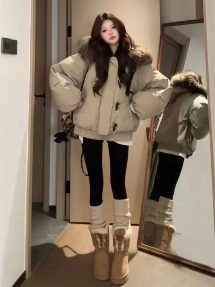 ชุดแฟชั่นผู้หญิง ฤดูใบไม้ร่วง 2025 เสื้อโค้ทผ้าฝ้ายอุ่น คอปกขนสัตว์ กางเกงโยคะ ชุดสองชิ้น สำหรับผู้ใหญ่ เหมาะสำหรับใส่ไปทำงาน