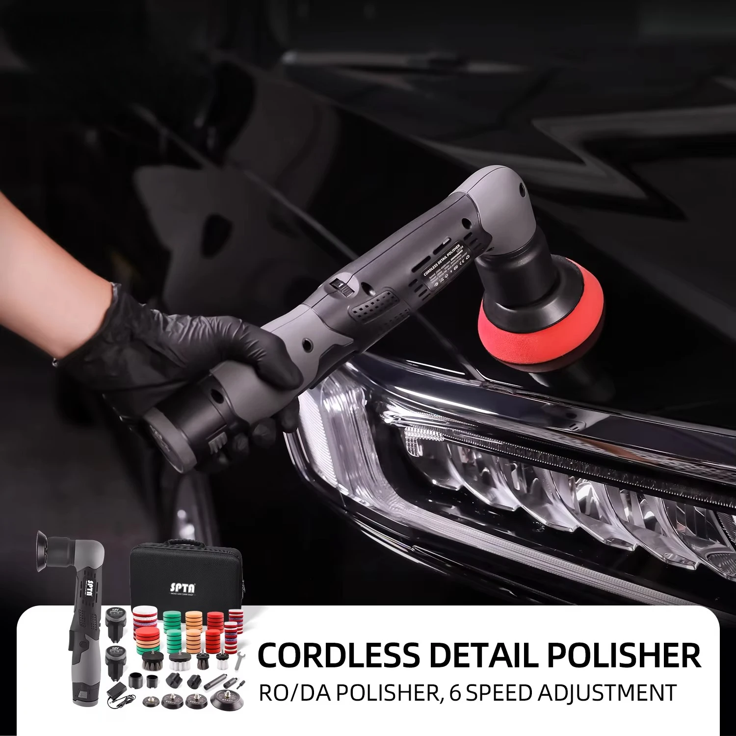SPTA Cordless Mini Polisher 12V Micro Scratches Killer Car Polisher RO/DA Mini Auto Machine Sets for Polishing Sanding Cleaning