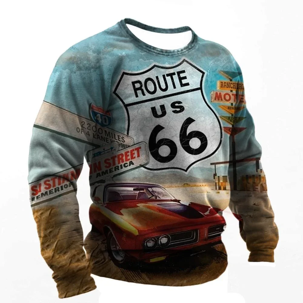 Classic Retro Men\'s Route 66 Long Sleeved Round Neck Leisure Car Pattern 3D Harajuku Printed T-shirt Hip-Hop Fashion Top