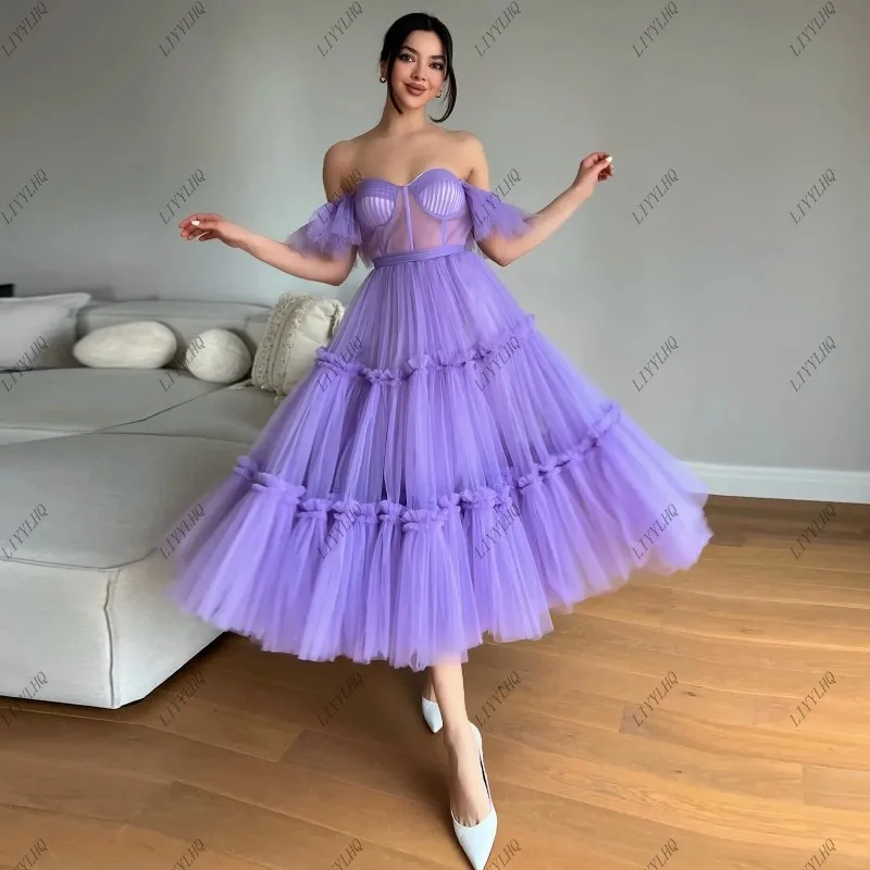 LIYYLHQ Purple Prom Dresses Off The Shoulder Tea Length A Line Formal Occasions Dress Corset Back Illusion Prom Dress Customized